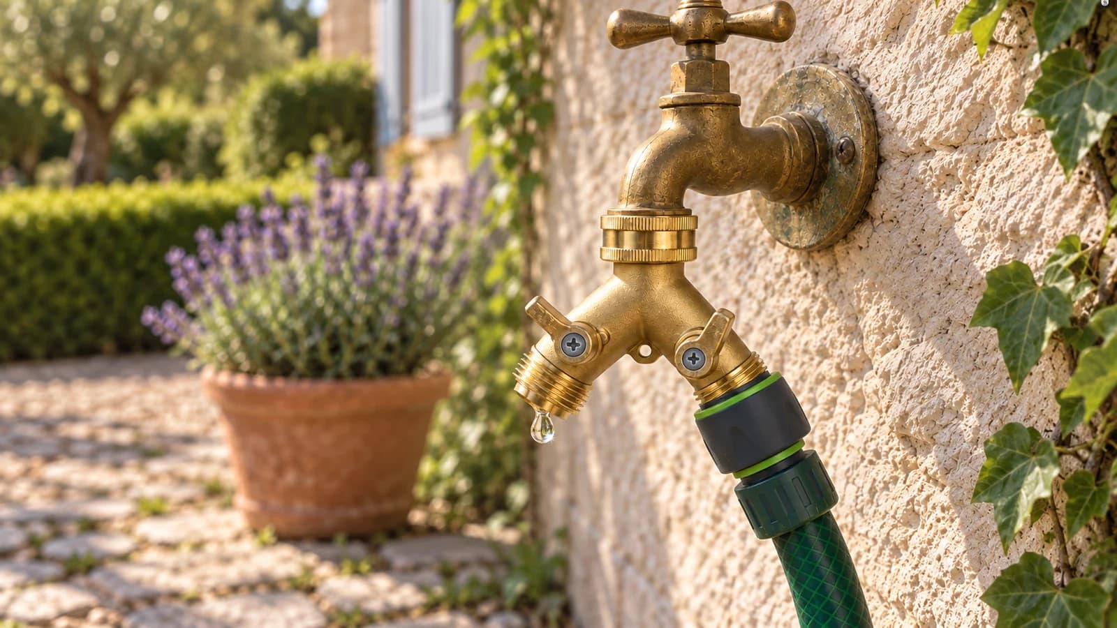 Sortie de répartiteur en laiton restée libre sur un mur de jardin, une goutte d'eau au bout du filetage