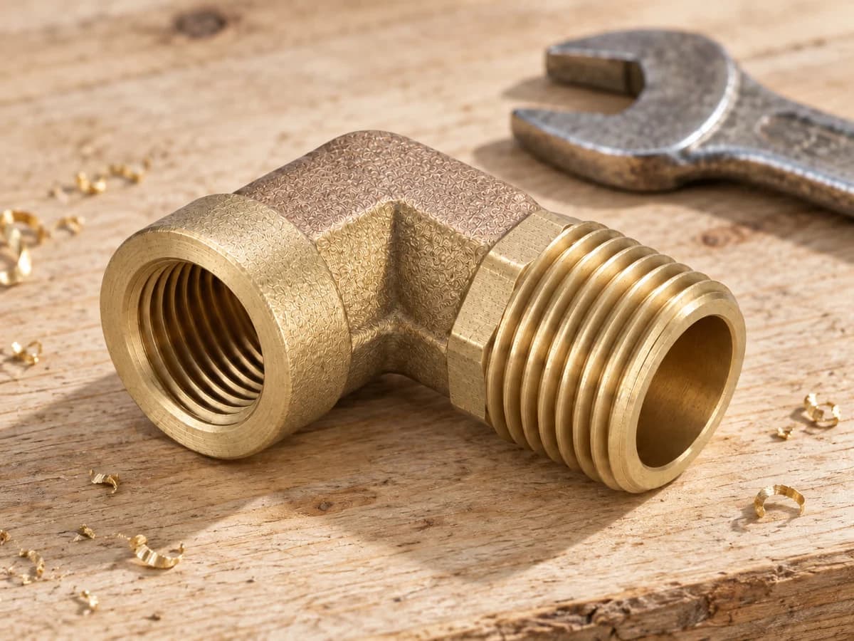 Coude en laiton posé à plat sur une planche de bois, méplats de clé et filetage mâle visibles de part et d'autre