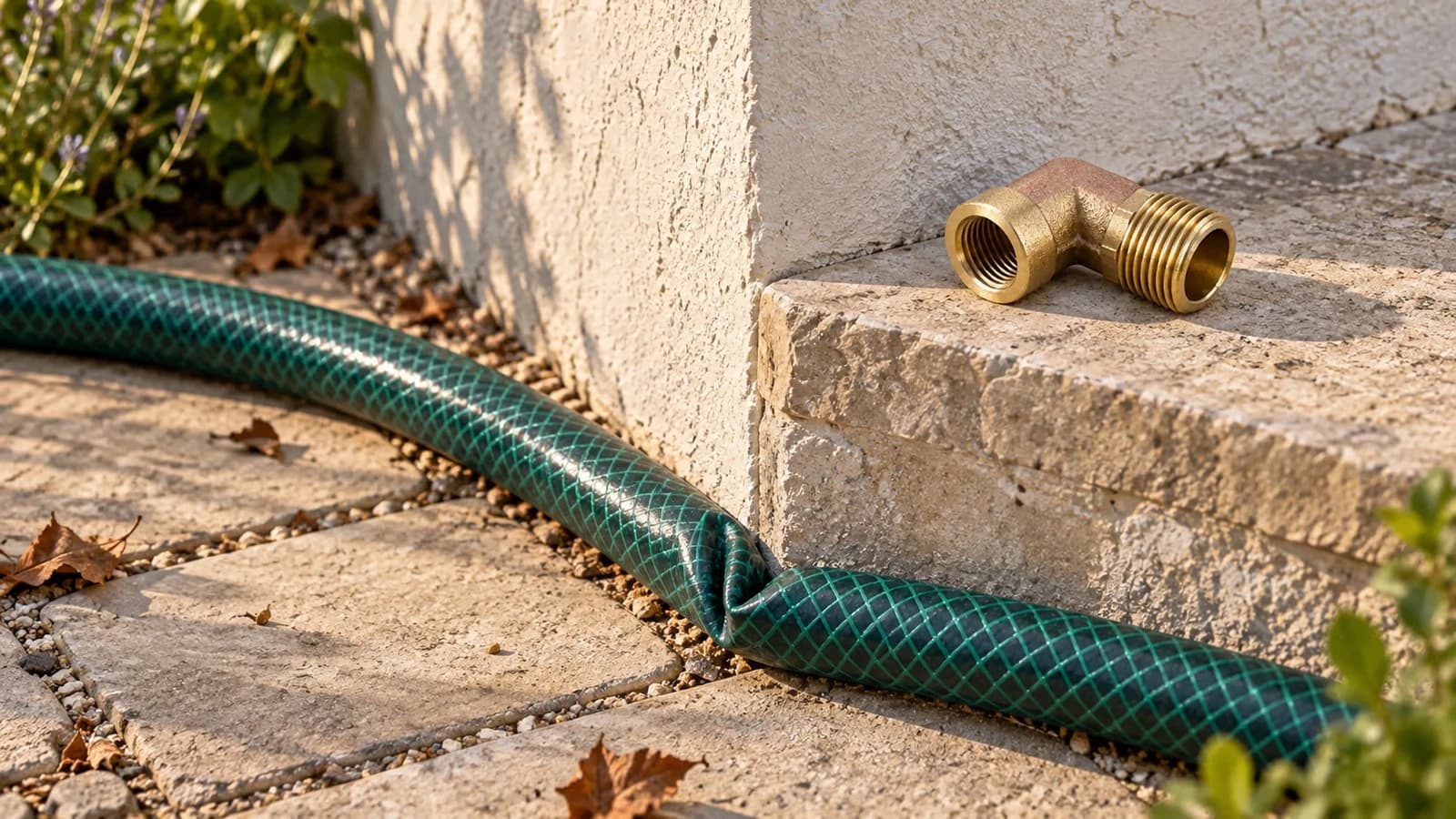 Tuyau d'arrosage vert plié contre l'angle d'un mur de maison, un coude en laiton posé sur la margelle