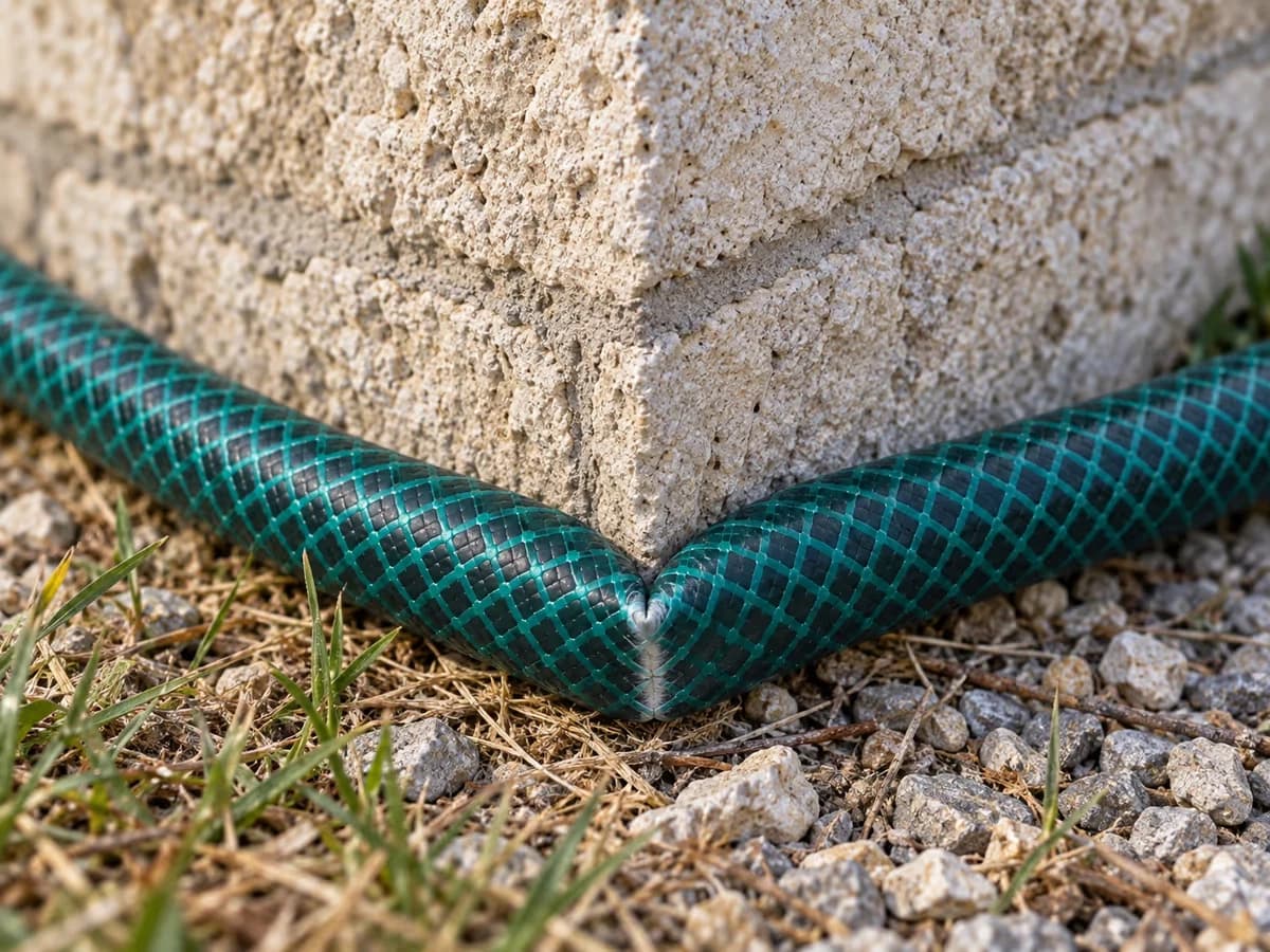 Tuyau d'arrosage vert plié en angle droit contre l'arête d'un mur de pierre, marque blanche visible dans la courbe