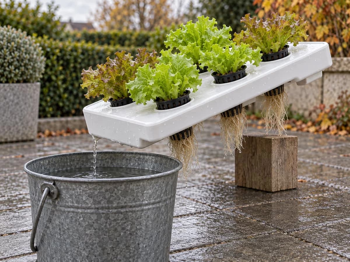 Bac de culture hors sol vidé dans un seau, plants maintenus dans leurs paniers au-dessus du niveau d'eau
