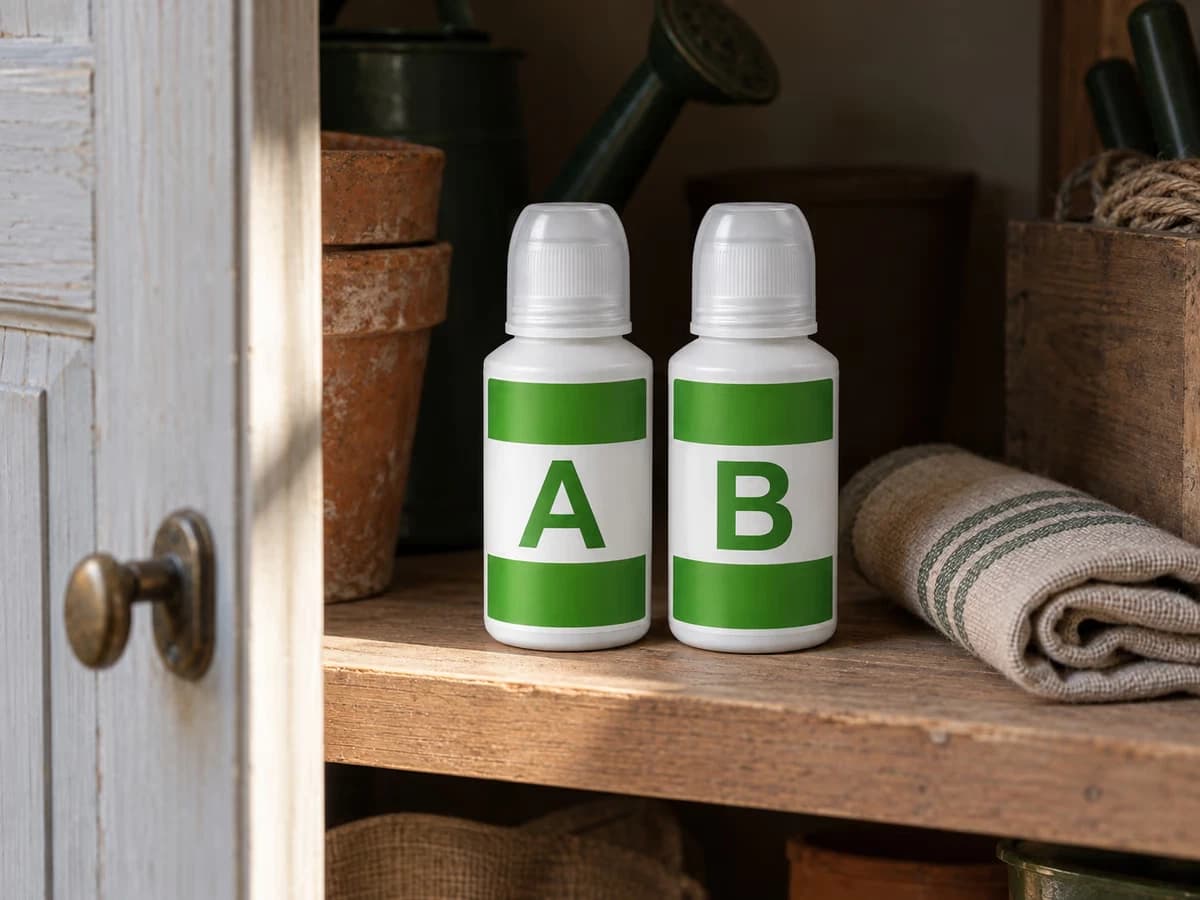 Deux flacons de solution nutritive refermés et rangés debout sur une étagère à l'abri de la lumière