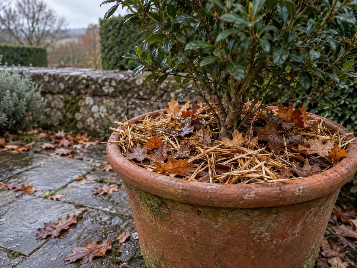 Feuilles mortes et paille au pied d'un arbuste en pot de terre cuite, sur une terrasse de novembre