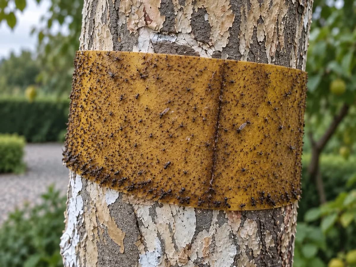 Bande de glu jaunie enroulée autour d'un tronc, surface chargée d'insectes collés et d'écorce
