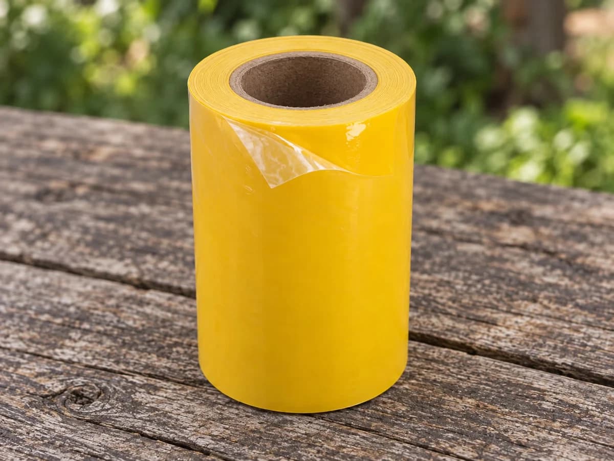 Film protecteur décollé sur quelques centimètres d'une bande de glu jaune, face collante apparente