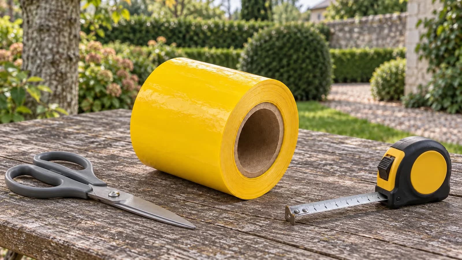 Rouleau de bande de glu jaune posé sur une table de jardin, à côté d'une paire de ciseaux et d'un mètre ruban déroulé