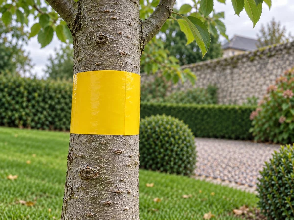 Bande de glu jaune enroulée à plat autour du tronc d'un jeune pommier, écorce lisse et feuillage tendre au-dessus