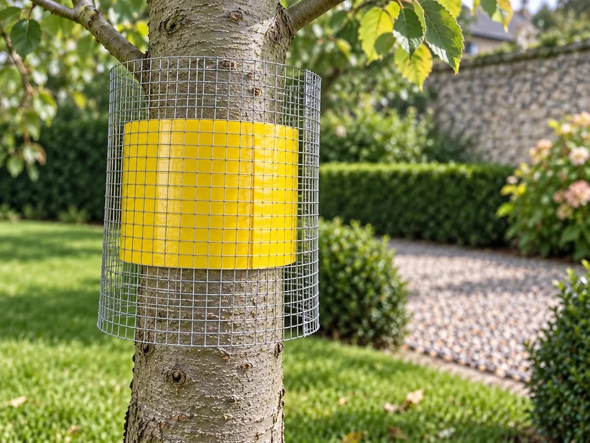 Grillage fin enroulé autour d'un tronc par-dessus une ceinture de glu jaune, avec un débord de quelques centimètres