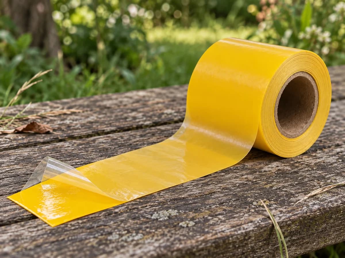 Bande de glu jaune à demi déroulée, film transparent décollé laissant voir la face collante tournée vers le haut