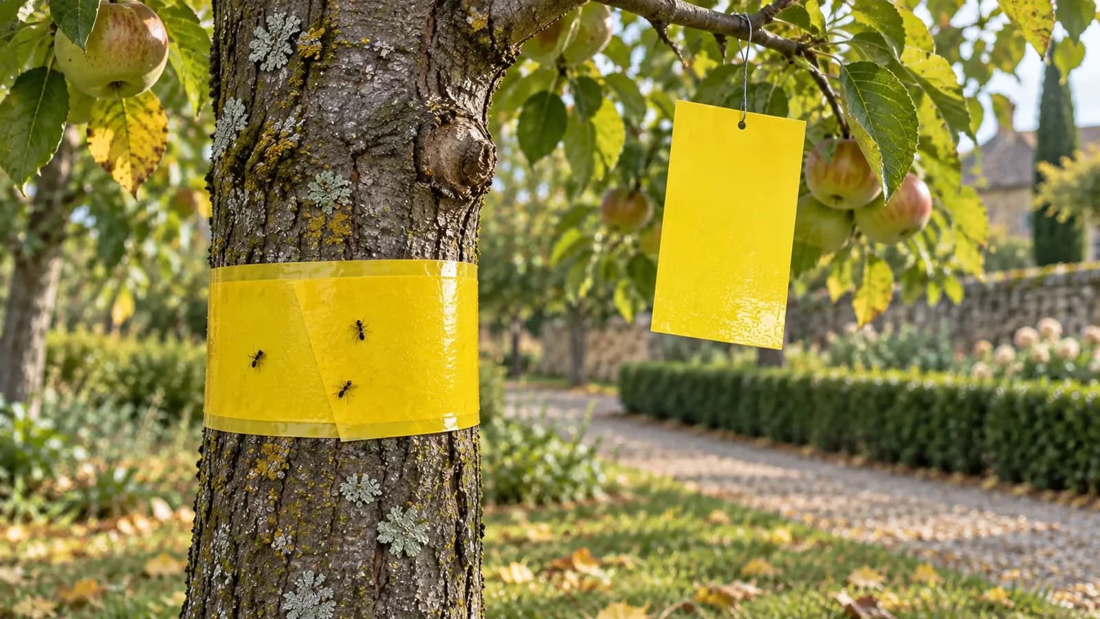 Rouleau de glu arboricole jaune enroulé sur un tronc de fruitier, panneau collant suspendu dans les branches en arrière-plan