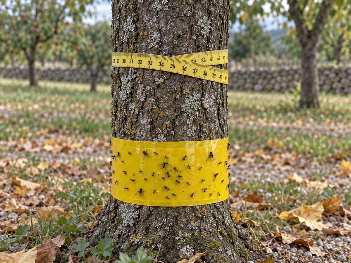 Mètre ruban souple enroulé autour d'un tronc de fruitier, au-dessus d'une bande collante jaune