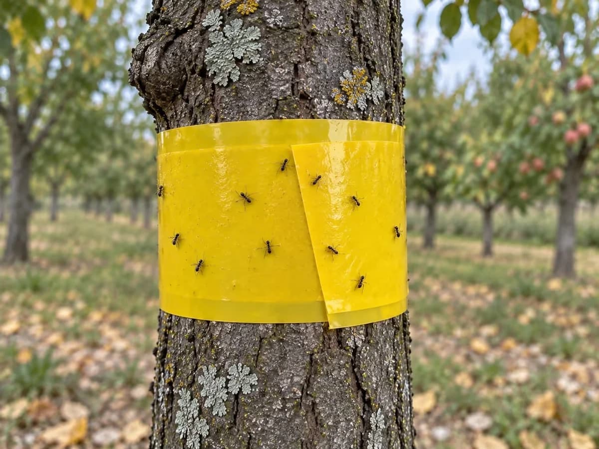 Bande collante jaune enroulée autour d'un tronc de fruitier sous le point de greffe, bords lisses visibles de chaque côté