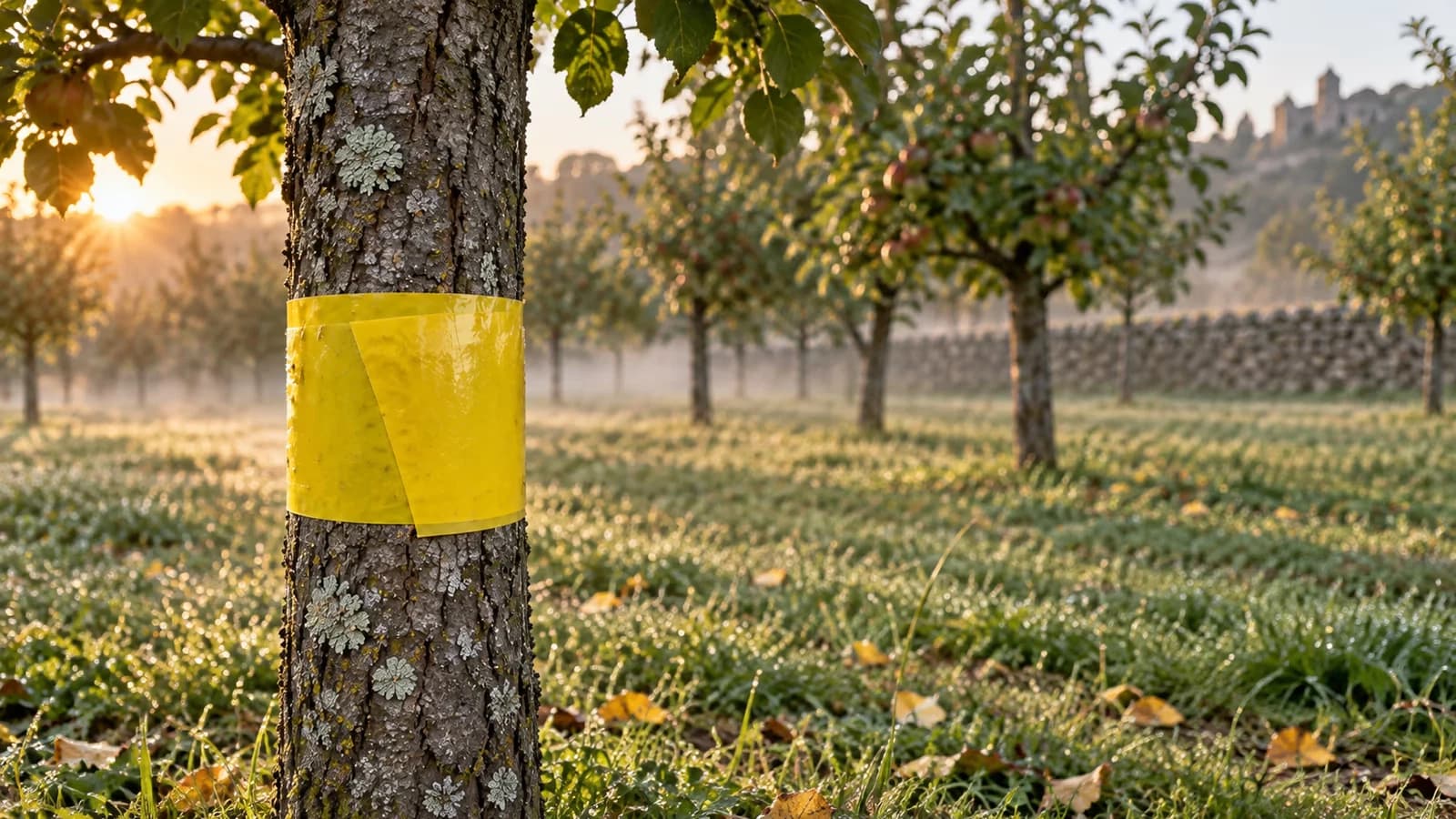 Ceinture de glu jaune enroulée autour du tronc d'un jeune pommier dans un verger, au petit matin