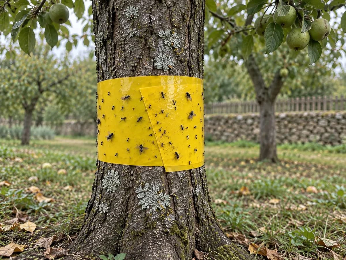 Ceinture de glu jaune couverte d'insectes rampants sur un tronc de pommier, jeunes fruits visibles dans la ramure
