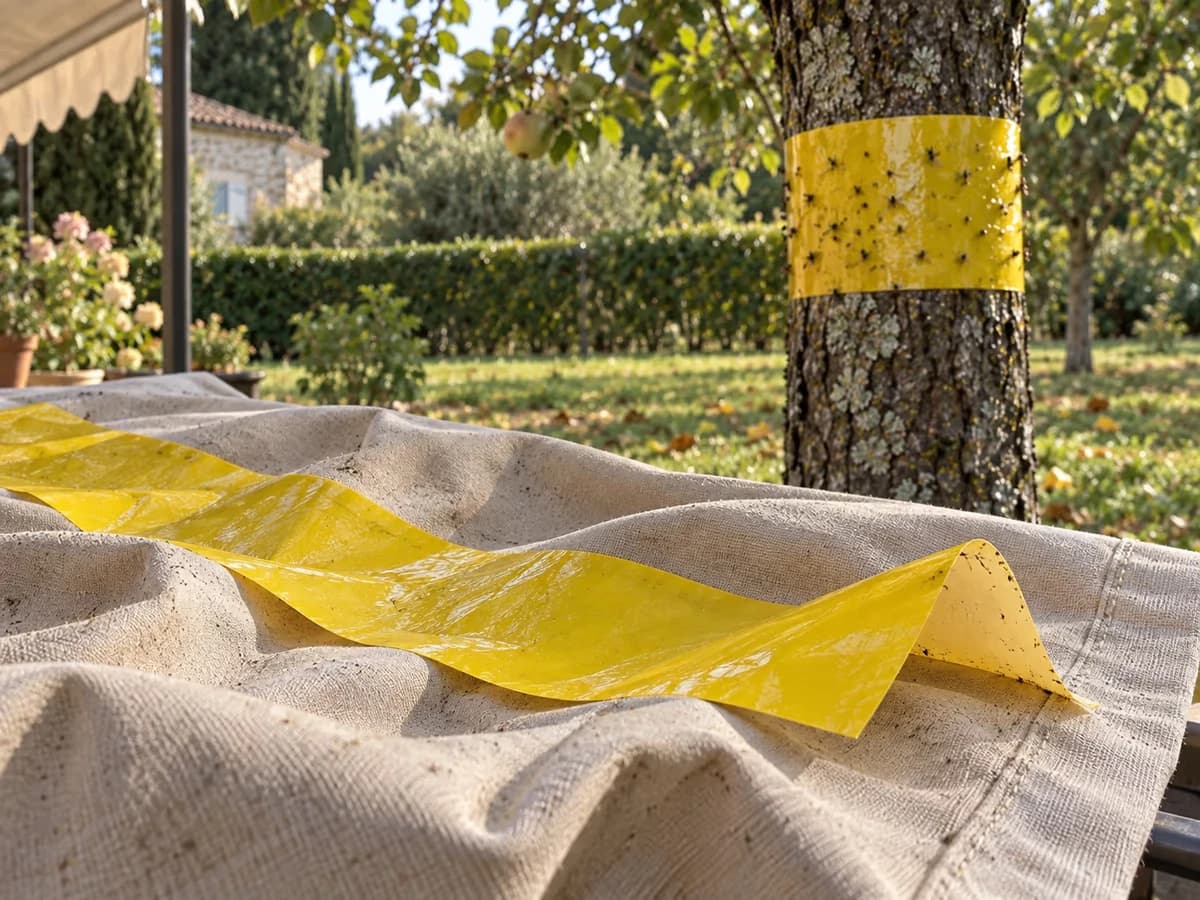 Bande de glu jaune posée sur le tissu froissé d'un auvent, à côté d'un tronc d'arbre ceinturé au second plan