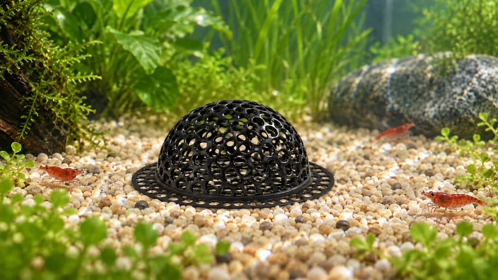 Une demi-sphère noire ajourée posée sur son disque plat au fond d'un bac d'eau douce planté, crevettes visibles autour