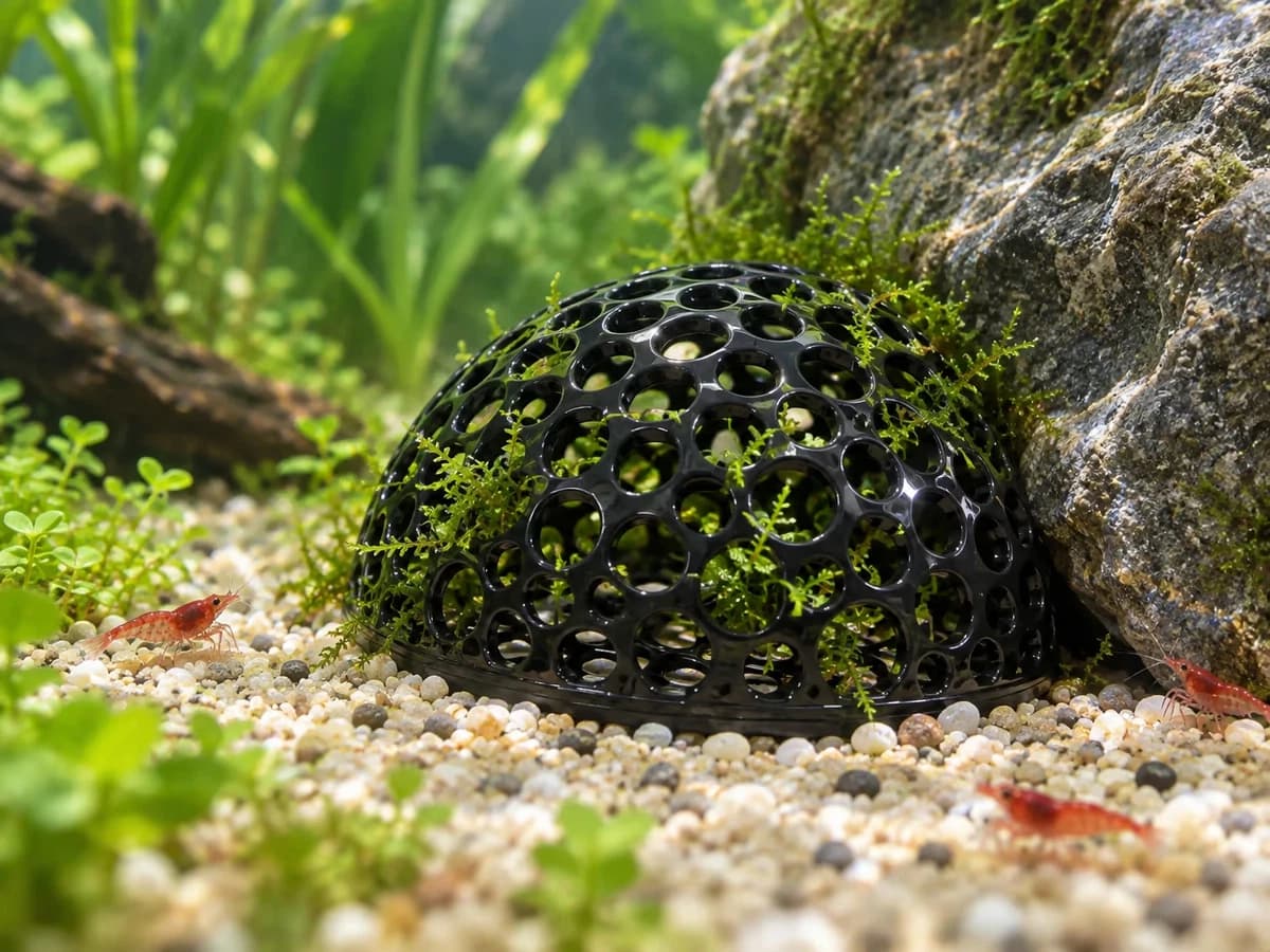 Vue rapprochée d'une demi-sphère noire ajourée contre une pierre au fond d'un bac planté, quelques crevettes sur le substrat
