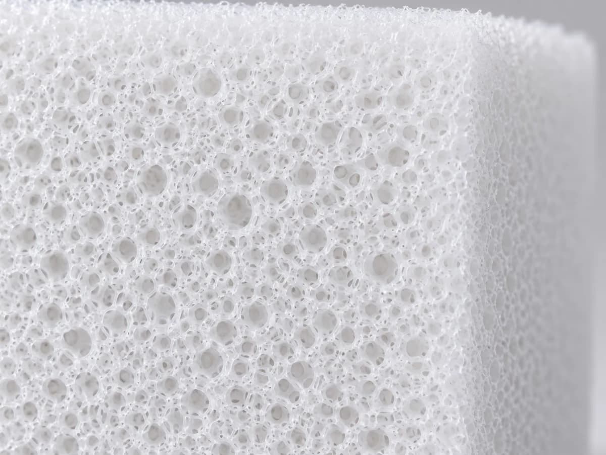 Gros plan sur la tranche d'une mousse blanche alvéolaire, alvéoles ouvertes visibles de face