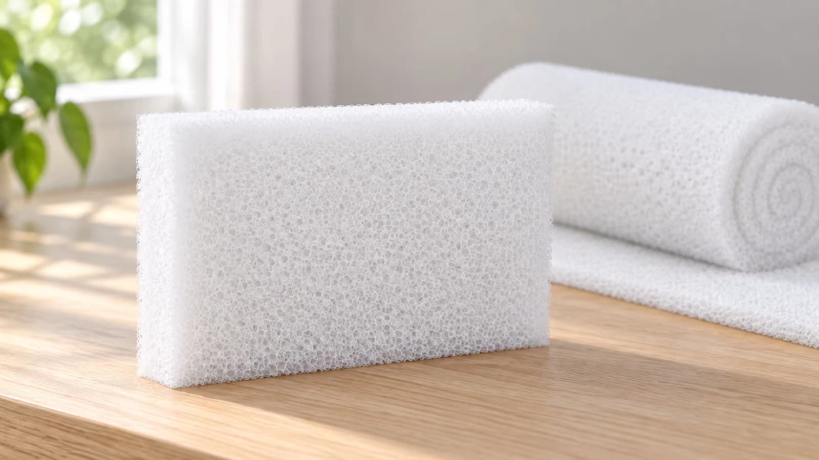 Une plaque de mousse blanche épaisse posée sur chant sur un plan de travail, tranche visible de face