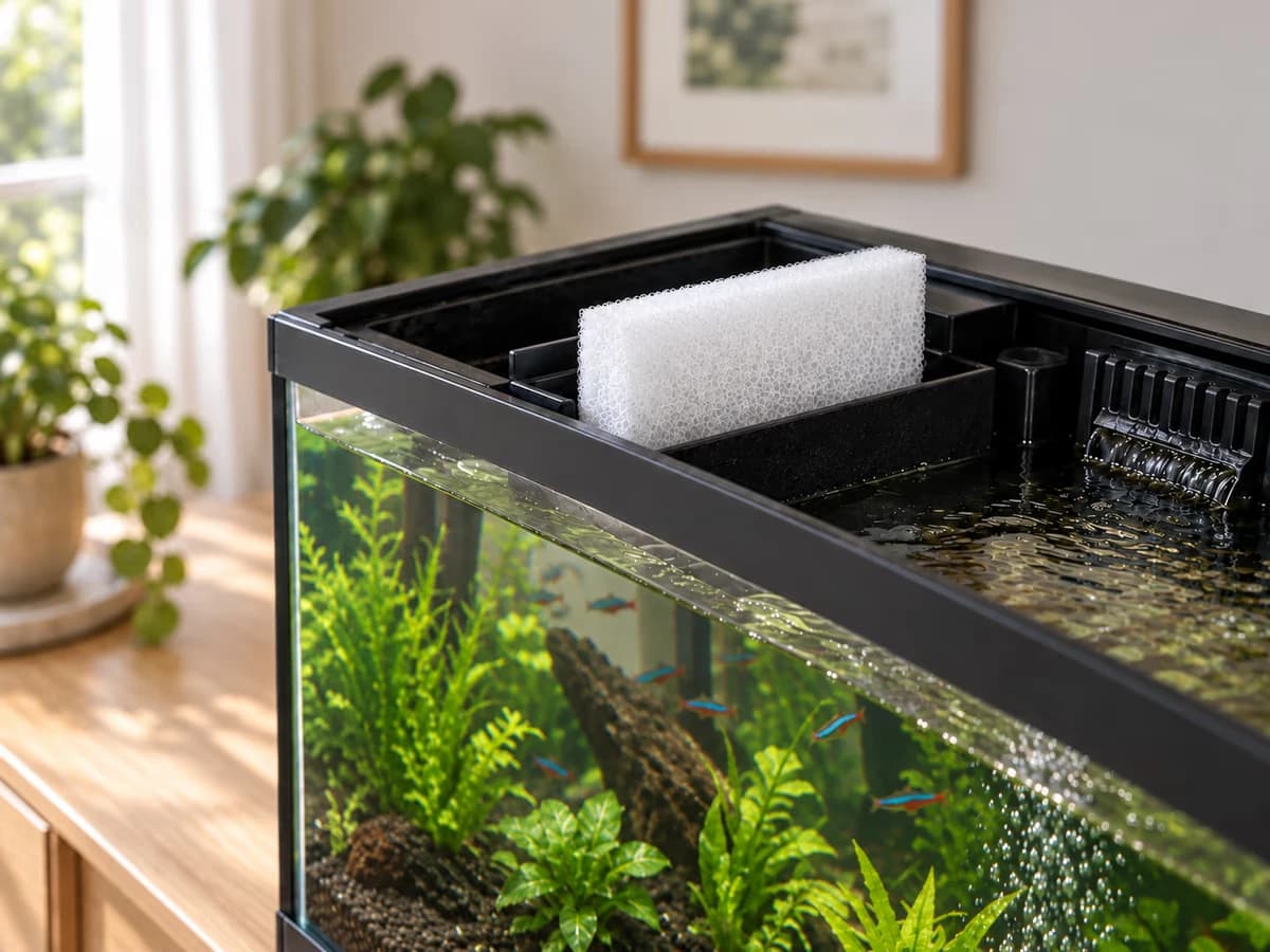 Une plaque de mousse blanche taillée glissée dans le compartiment d'un filtre d'aquarium, sans jeu visible