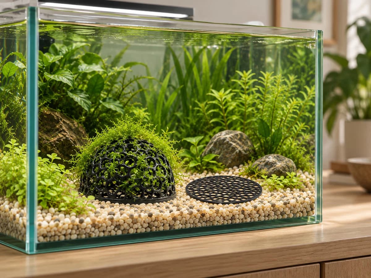 Bac d'eau douce planté, une demi-sphère noire ajourée et son disque plat posés sur le gravier, mousse accrochée aux ouvertures