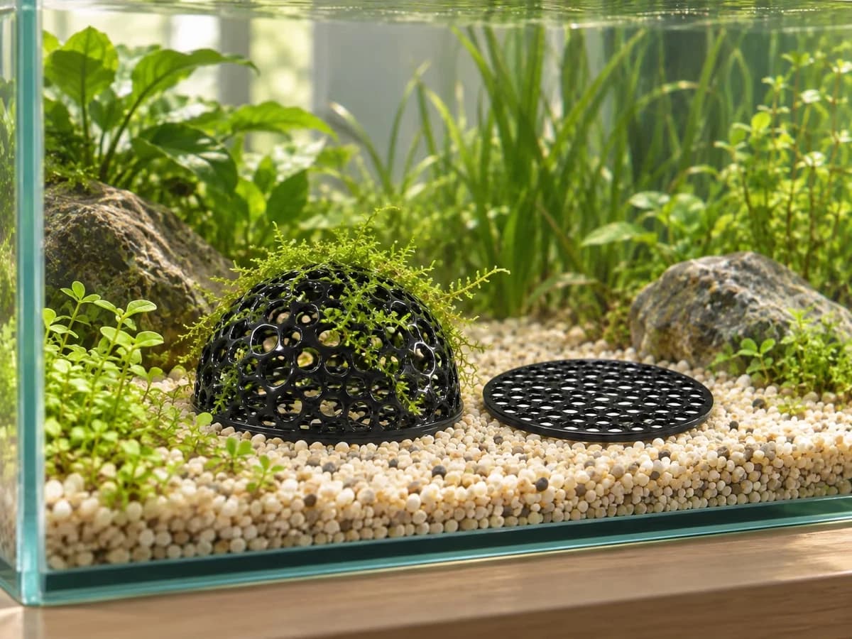 Une cabane de décor d'aquarium reposée sur le substrat d'un bac d'eau douce planté