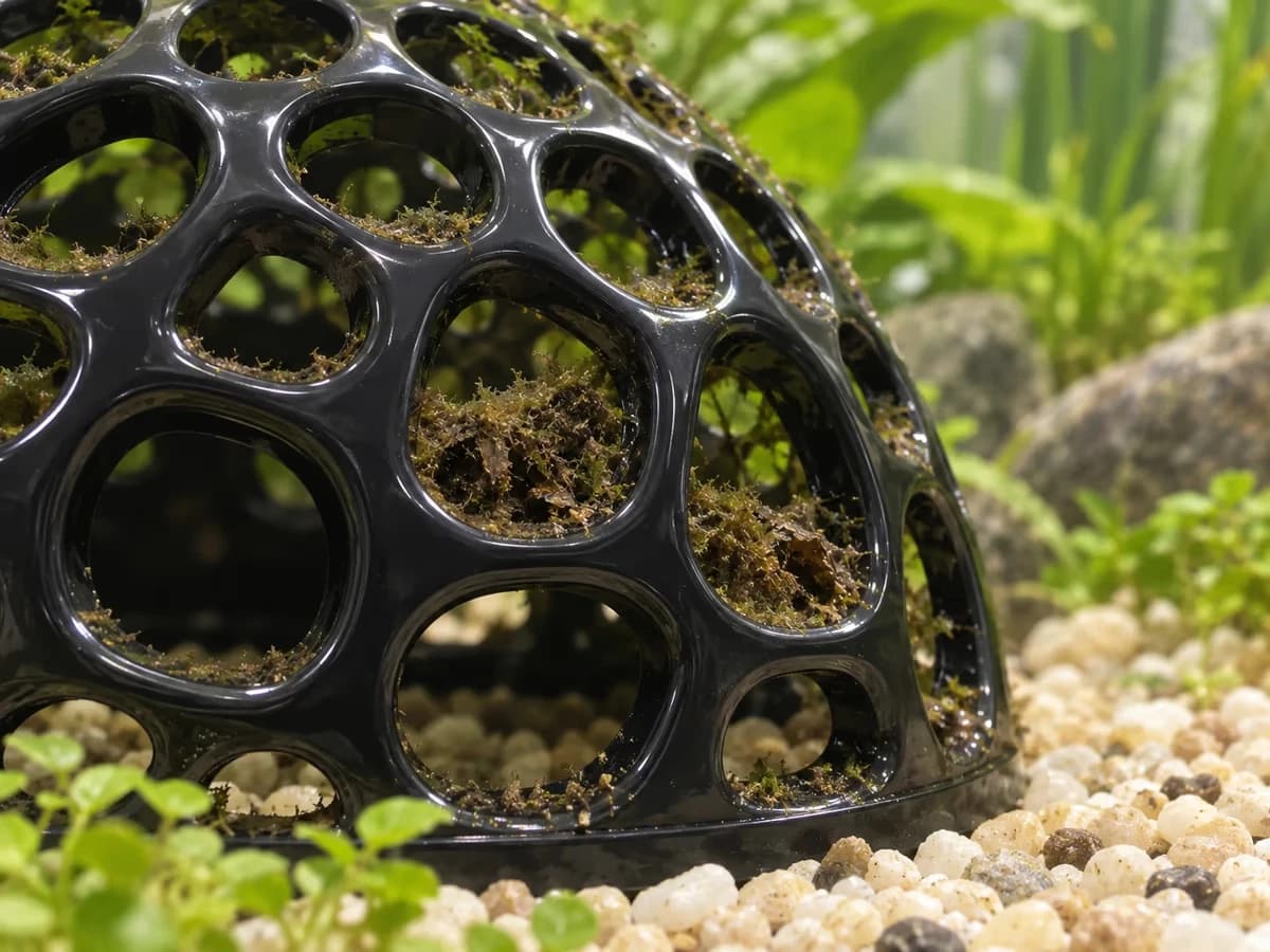 Les ouvertures rondes d'une cabane de décor d'aquarium, dépôts bruns visibles dans les creux