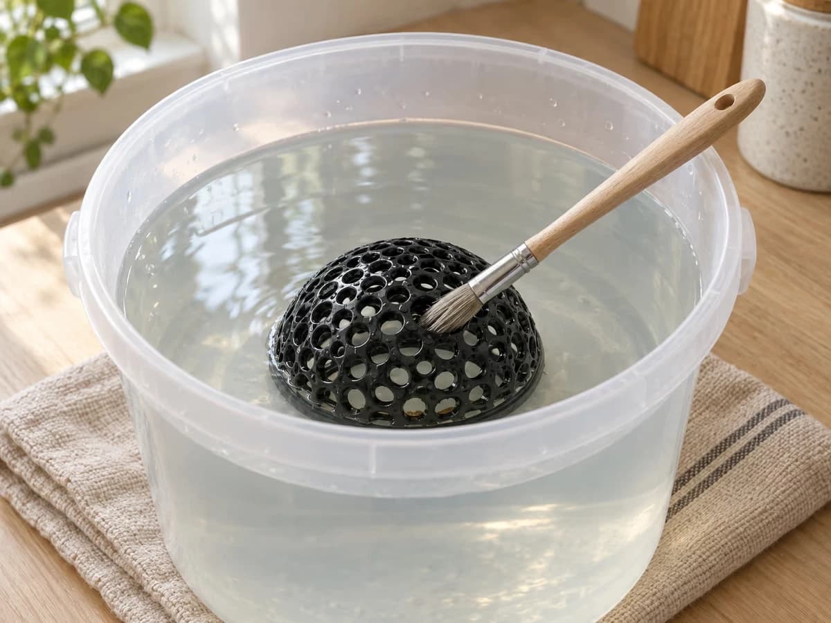 Un pinceau doux posé sur une cabane de décor d'aquarium trempant dans un seau d'eau
