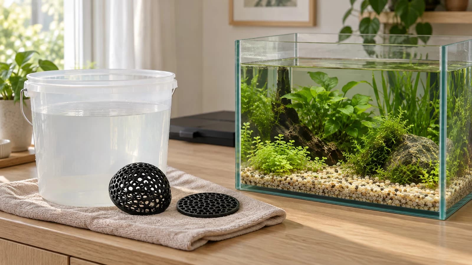 Une cabane de décor d'aquarium posée au bord d'un seau d'eau, à côté du bac ouvert