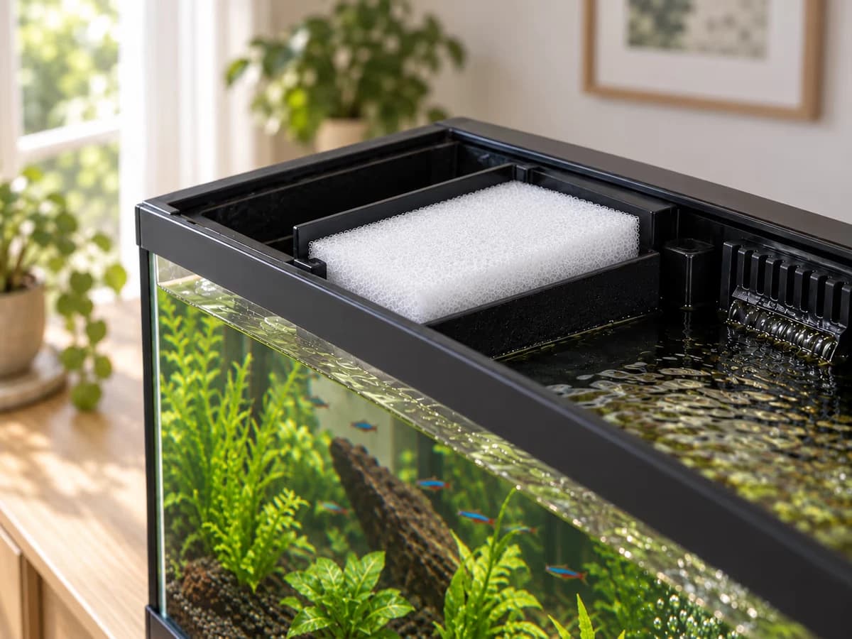Une plaque de mousse blanche taillée glissée dans le compartiment d'un filtre d'aquarium