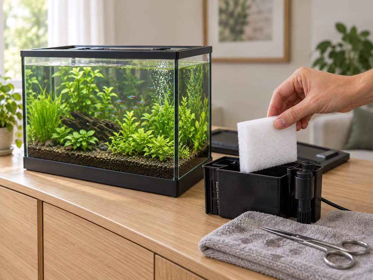 Bac d'eau douce planté en entretien, une plaque de mousse blanche alvéolaire glissée dans le compartiment du filtre