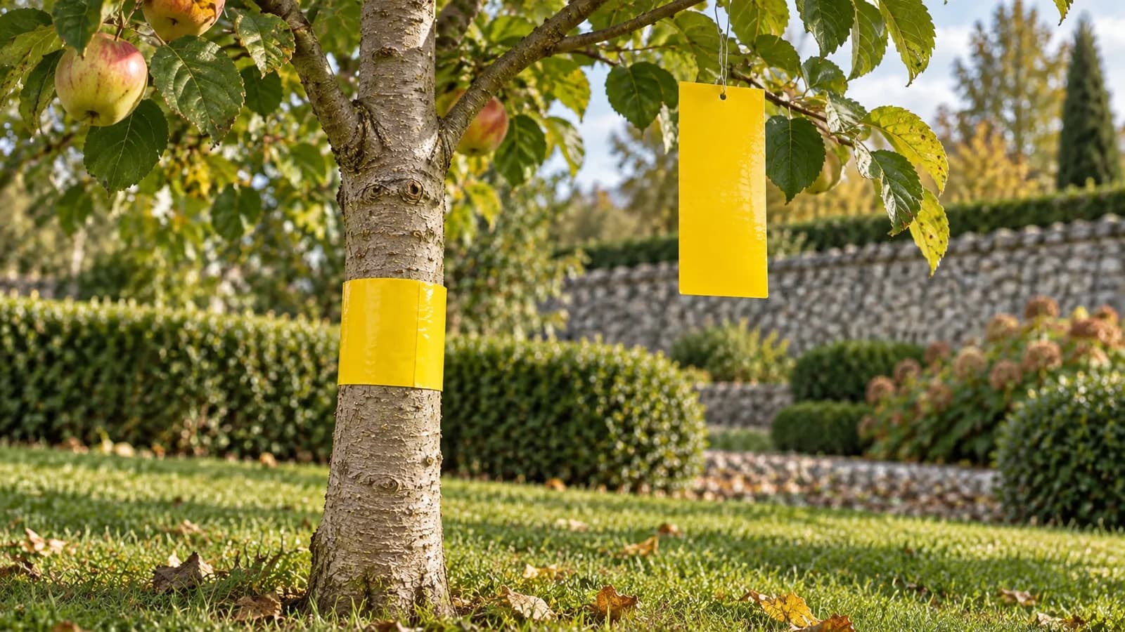 Jeune pommier ceinturé d'un ruban jaune, panneau collant suspendu dans les branches au-dessus, verger en fin de matinée