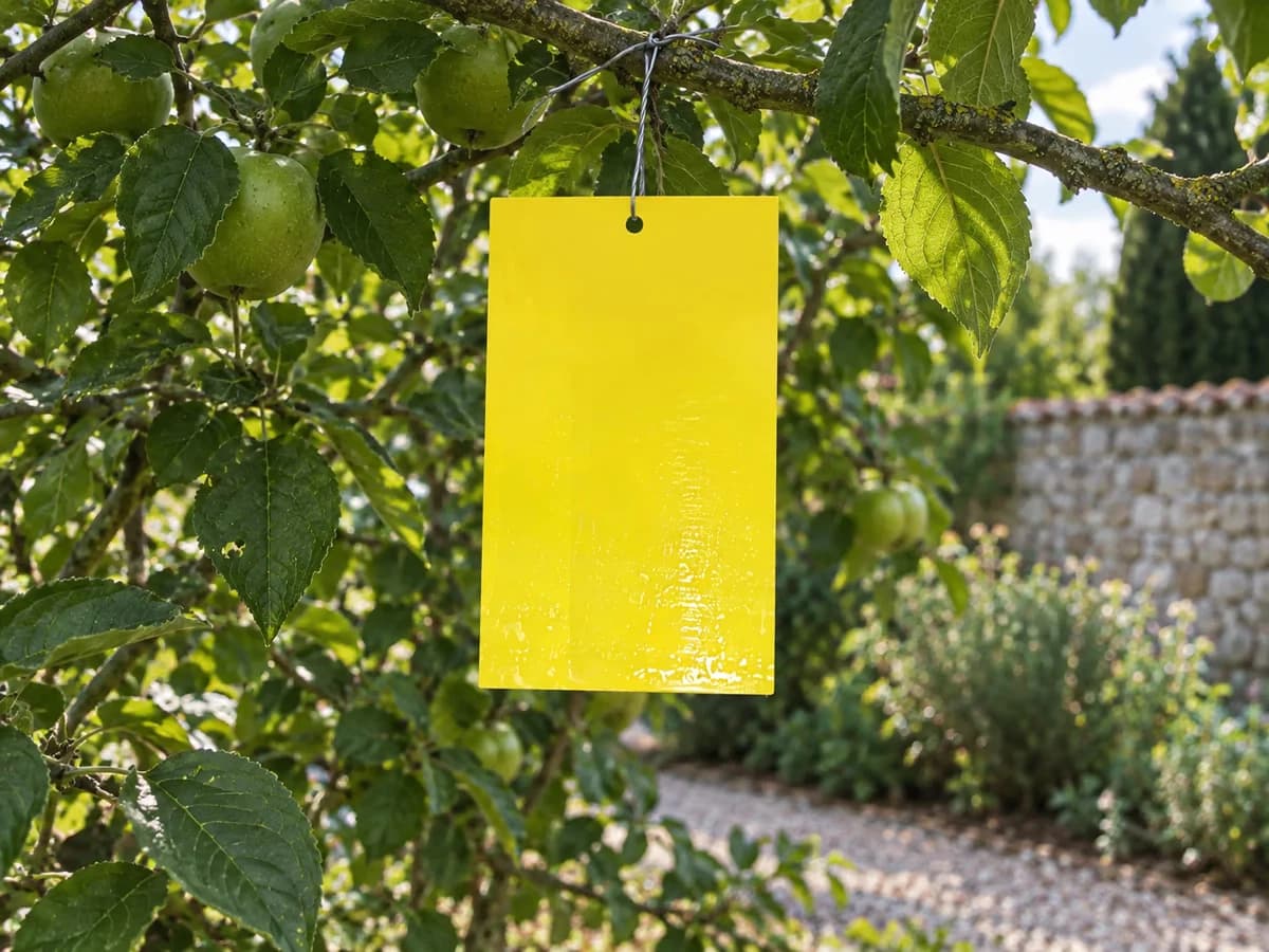 Panneau collant jaune suspendu par son attache métallique dans le feuillage d'un pommier, lumière douce de fin d'été