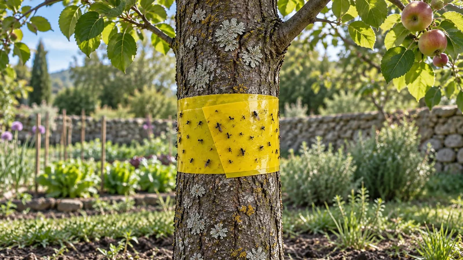 Tronc d'un jeune arbre ceinturé d'un ruban collant jaune à hauteur de poitrine, écorce sèche, jeunes pousses vertes au-dessus