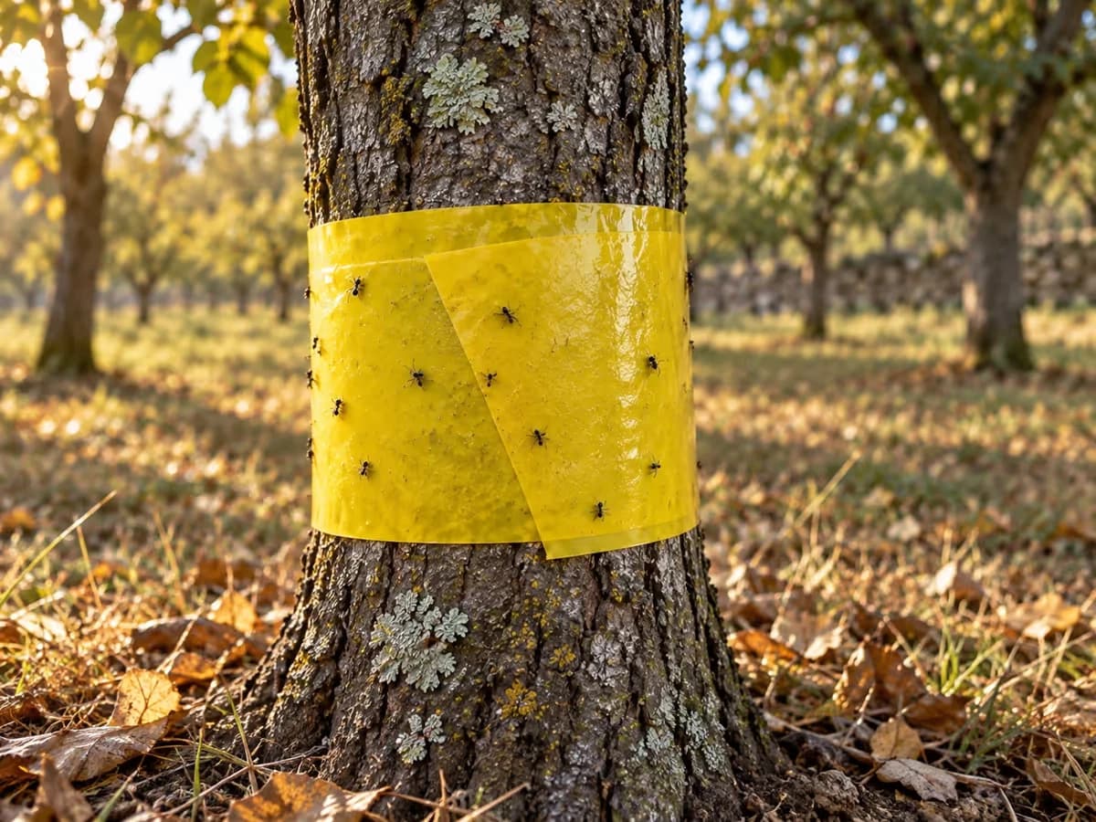 Tronc ceinturé d'un ruban collant jaune parmi des feuilles mortes, quelques fourmis visibles sur l'écorce, lumière basse d'octobre