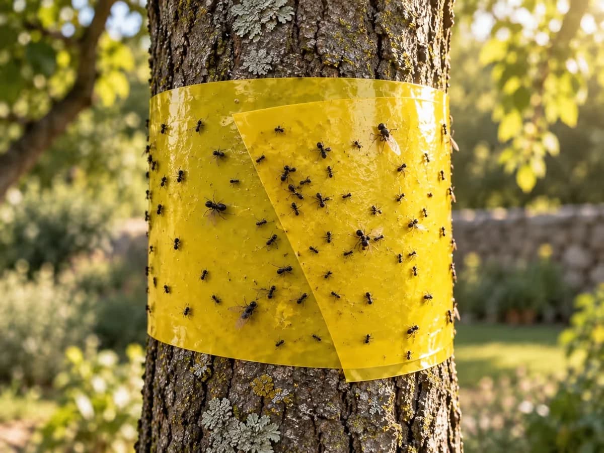 Ruban collant jaune sur un tronc où sont retenues plusieurs fourmis ailées, écorce fissurée, lumière chaude d'après-midi d'été