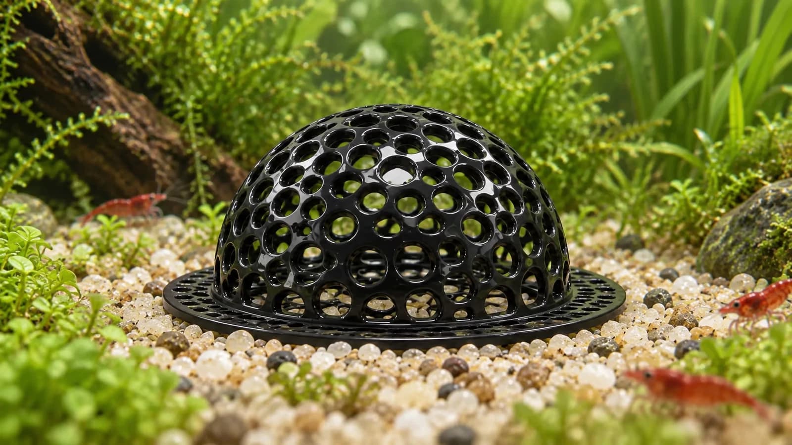 Une demi-sphère noire ajourée posée sur son disque plat dans un angle calme d'un bac planté, loin du rejet de la pompe
