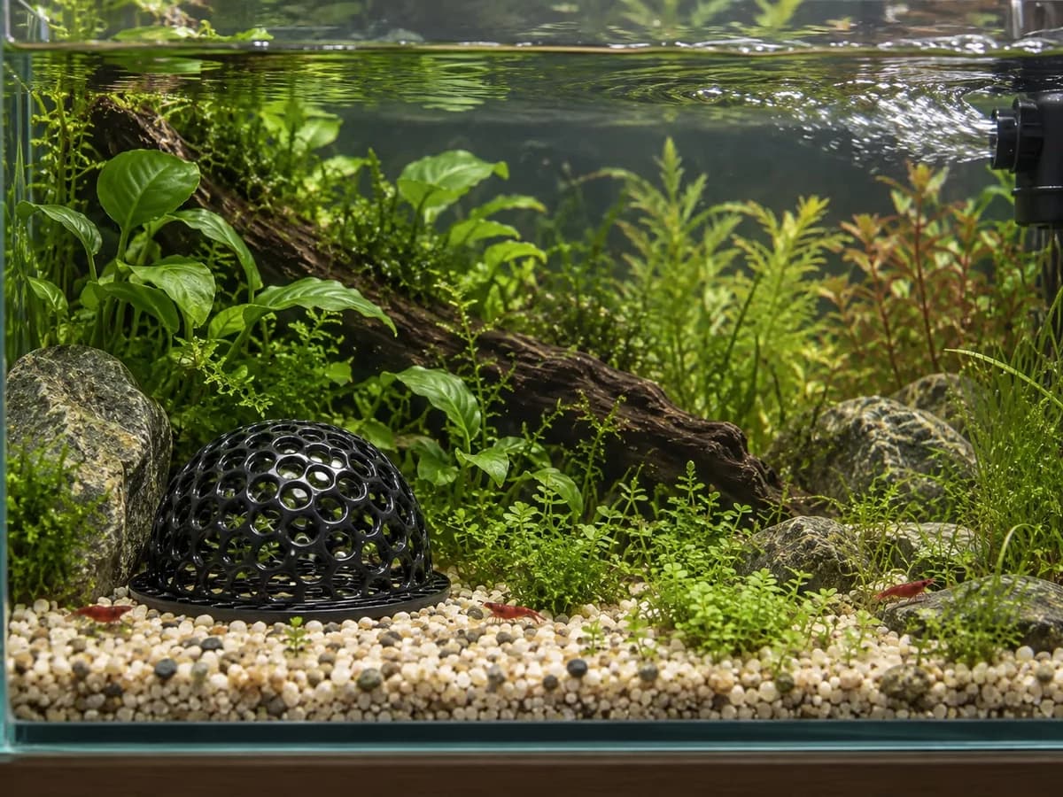 Vue d'un bac d'eau douce planté, la cabane noire ajourée calée contre une pierre dans l'angle opposé au rejet de la pompe
