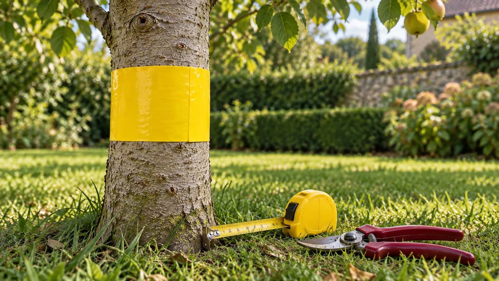 Bande collante jaune enroulée sur le tronc lisse d'un jeune pommier, mètre ruban et sécateur posés au pied de l'arbre dans l'herbe