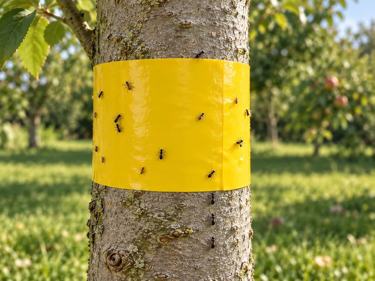 Bande collante jaune en place sur un tronc de fruitier, surface piquetée de fourmis et de petits insectes rampants, écorce lisse de part et d'autre de la ceinture