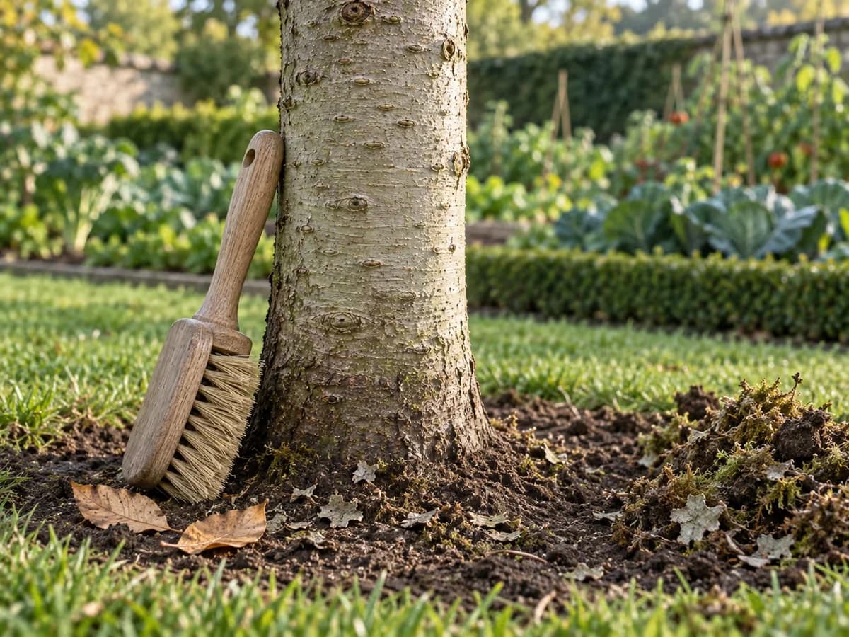 Bas d'un tronc de jeune fruitier brossé à sec, écorce lisse sur la zone de pose, mousse et terre retirées au pied, brosse de jardin posée contre le tronc