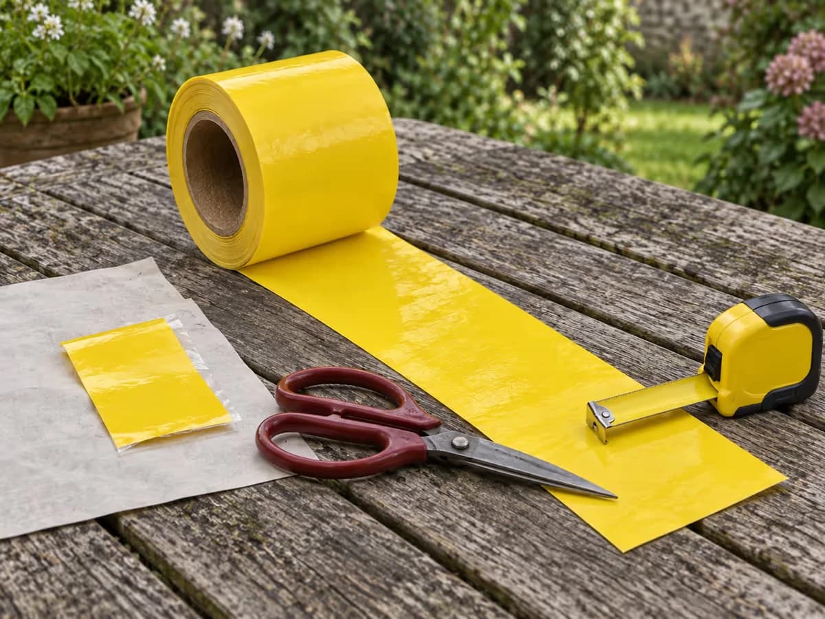 Rouleau de bande collante jaune déroulé sur une table de jardin, mètre ruban et ciseaux posés dessus, un bout de ruban coupé à côté sur un vieux journal