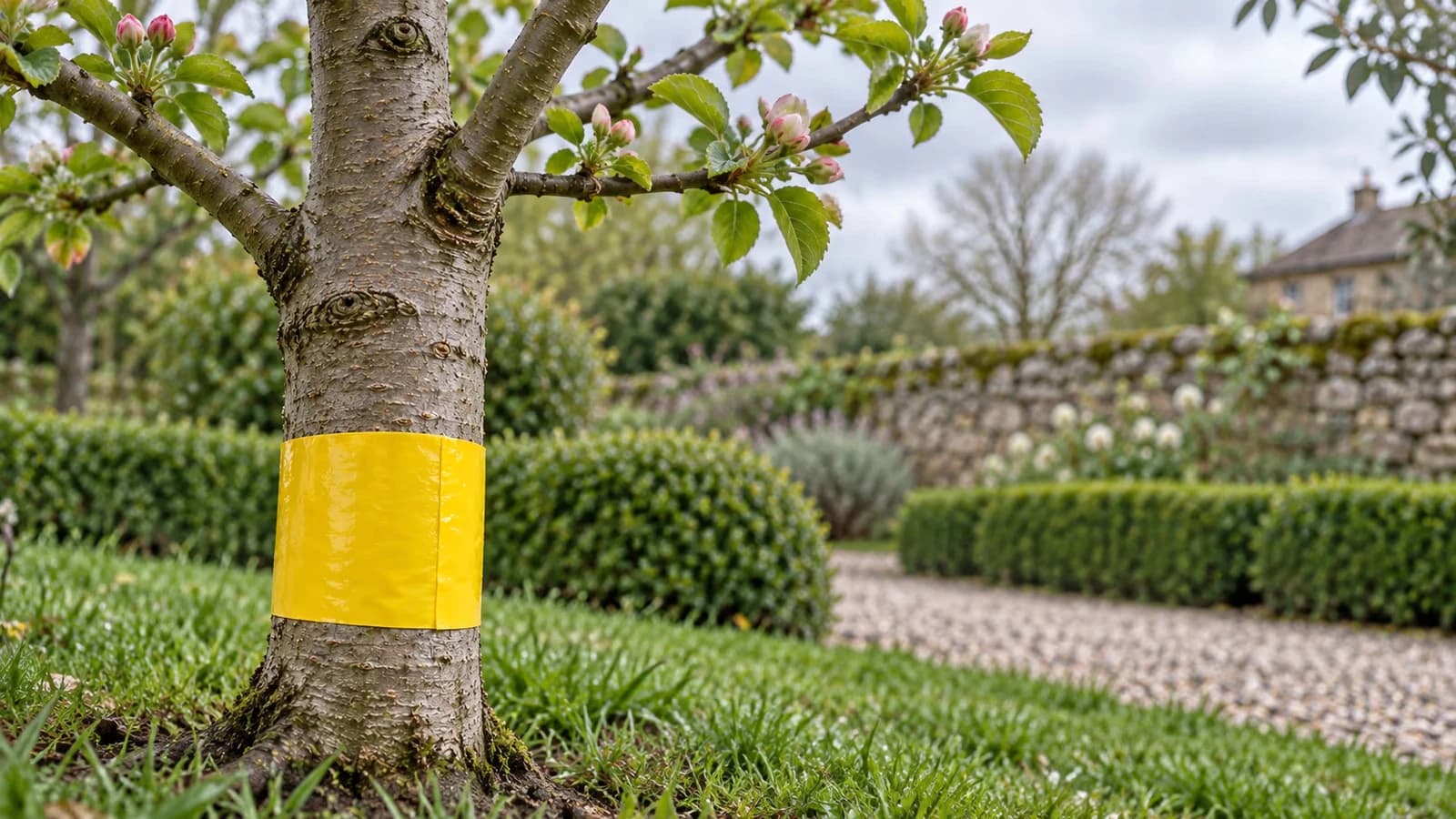 Tronc d'un jeune pommier au débourrement, bande collante jaune enroulée sous le point de greffe, premières feuilles ouvertes au-dessus