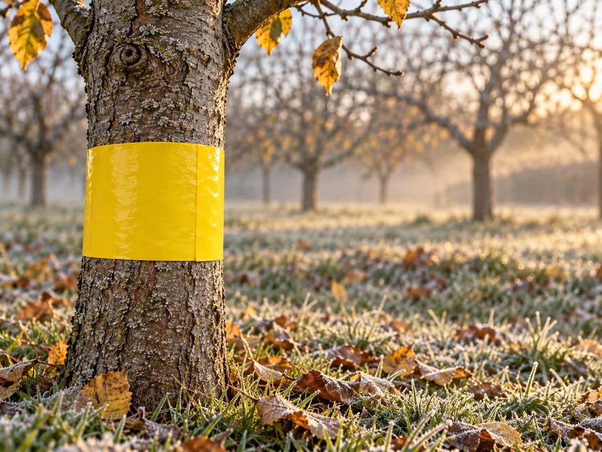 Tronc d'arbre fruitier ceinturé d'un ruban collant jaune parmi des feuilles mortes, premières gelées blanches sur l'herbe, lumière basse d'automne