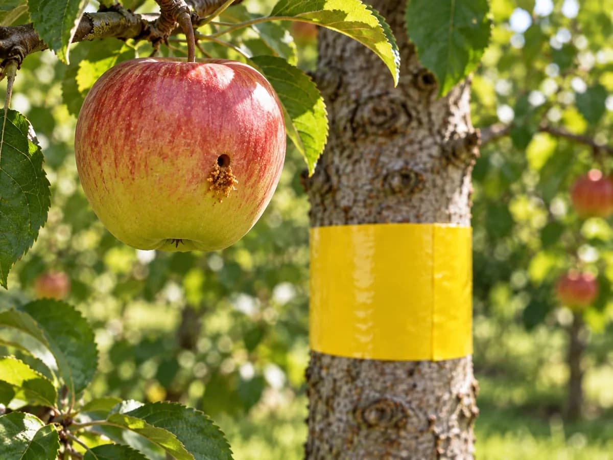 Pomme encore sur l'arbre portant un trou de sortie brun entouré de sciure, bande collante jaune sur le tronc en dessous, feuillage d'été
