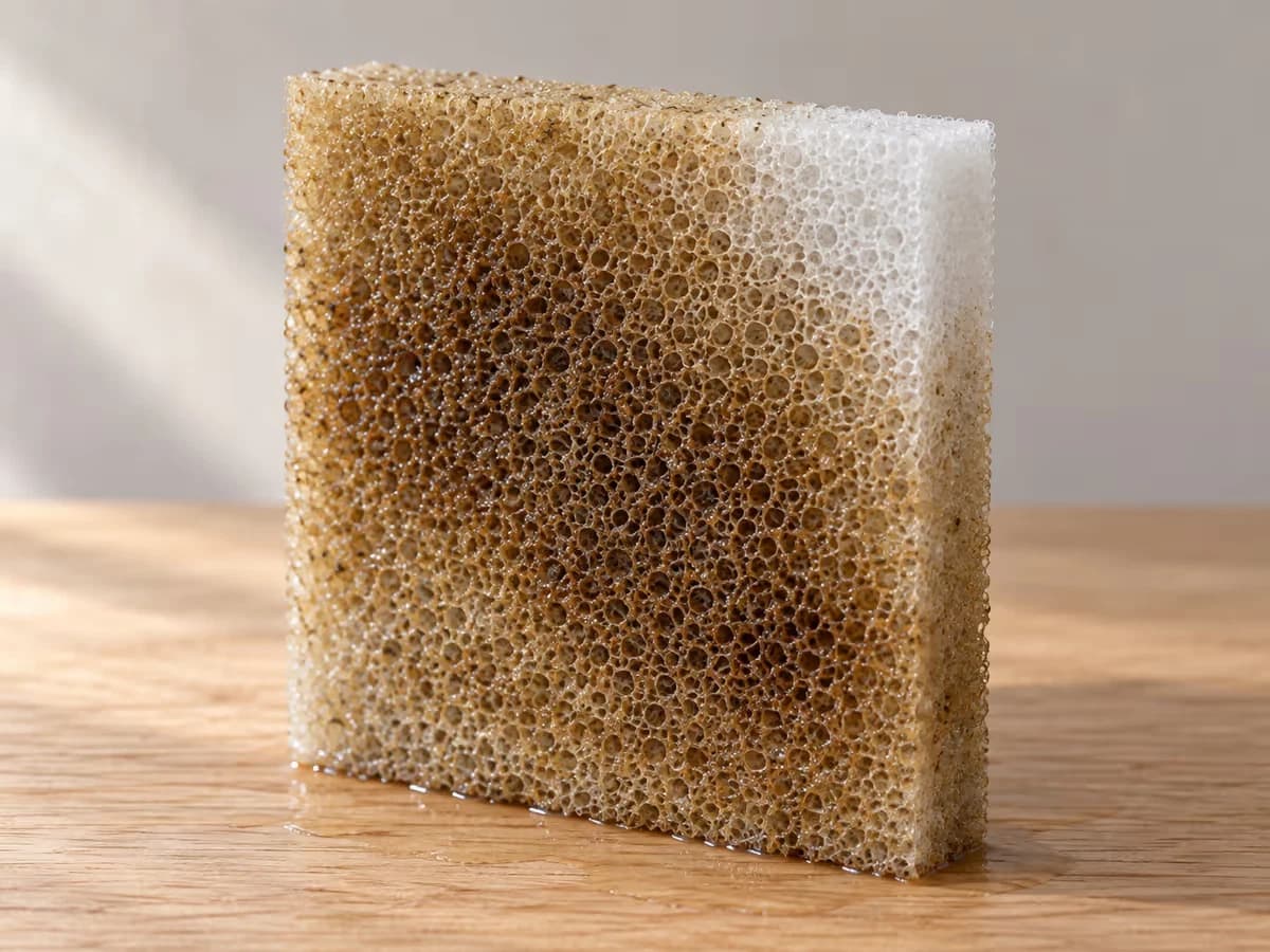 Une plaque de mousse filtrante brunie tenue sur chant, alvéoles encore ouvertes