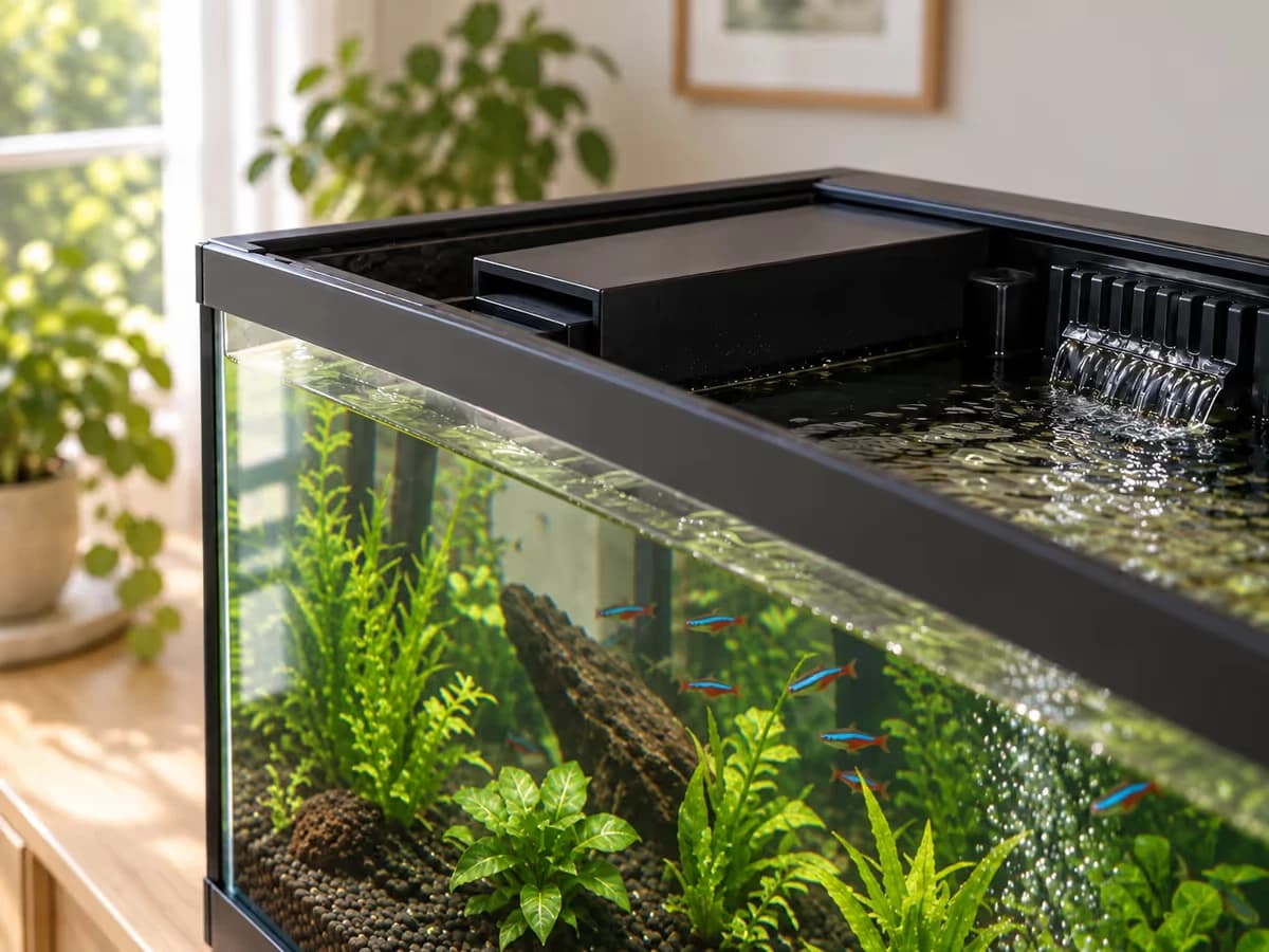 Un filtre d'aquarium ouvert, mousse remise en place, rejet de pompe visible en surface