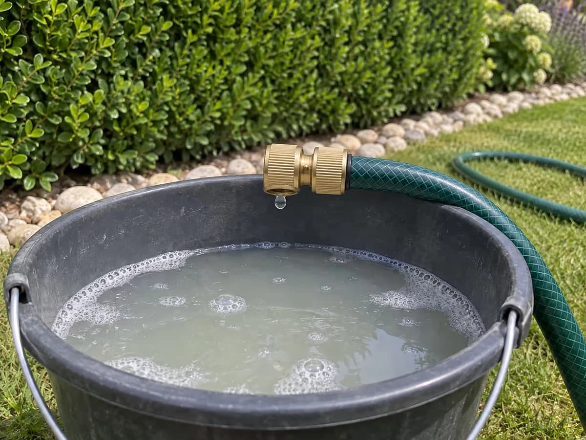 Extrémité d'un tuyau d'arrosage tenue au-dessus du bord d'un seau d'eau savonneuse, au pied d'une haie taillée