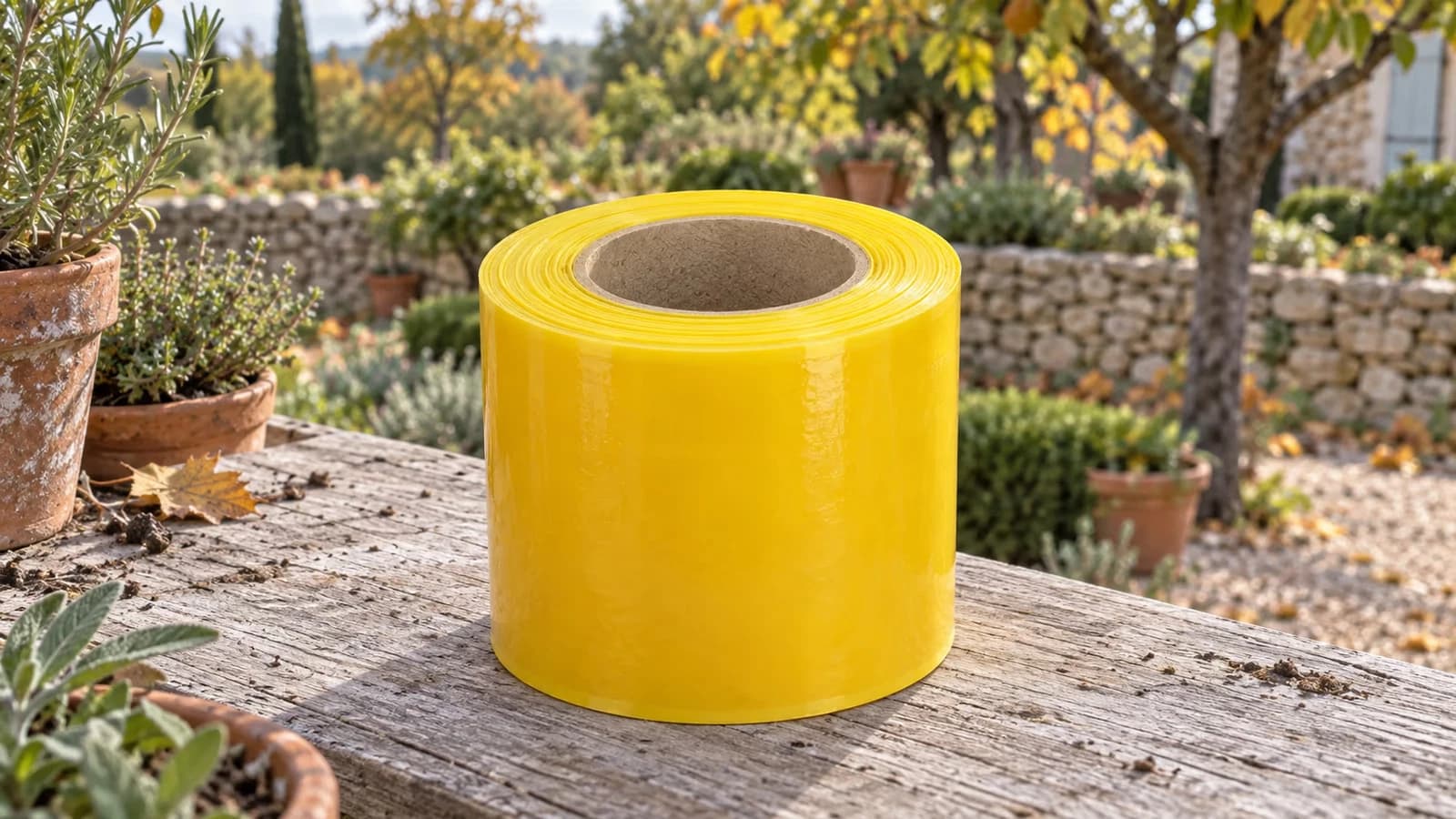 Rouleau de glu arboricole jaune de 10 cm de large sur son noyau carton, face collante nue sans film protecteur