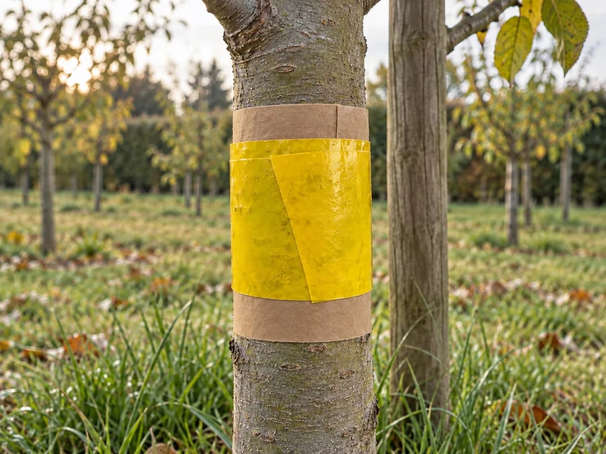 Tronc de jeune arbre entouré d'un collier de papier épais, bande de glu jaune enroulée par-dessus le support